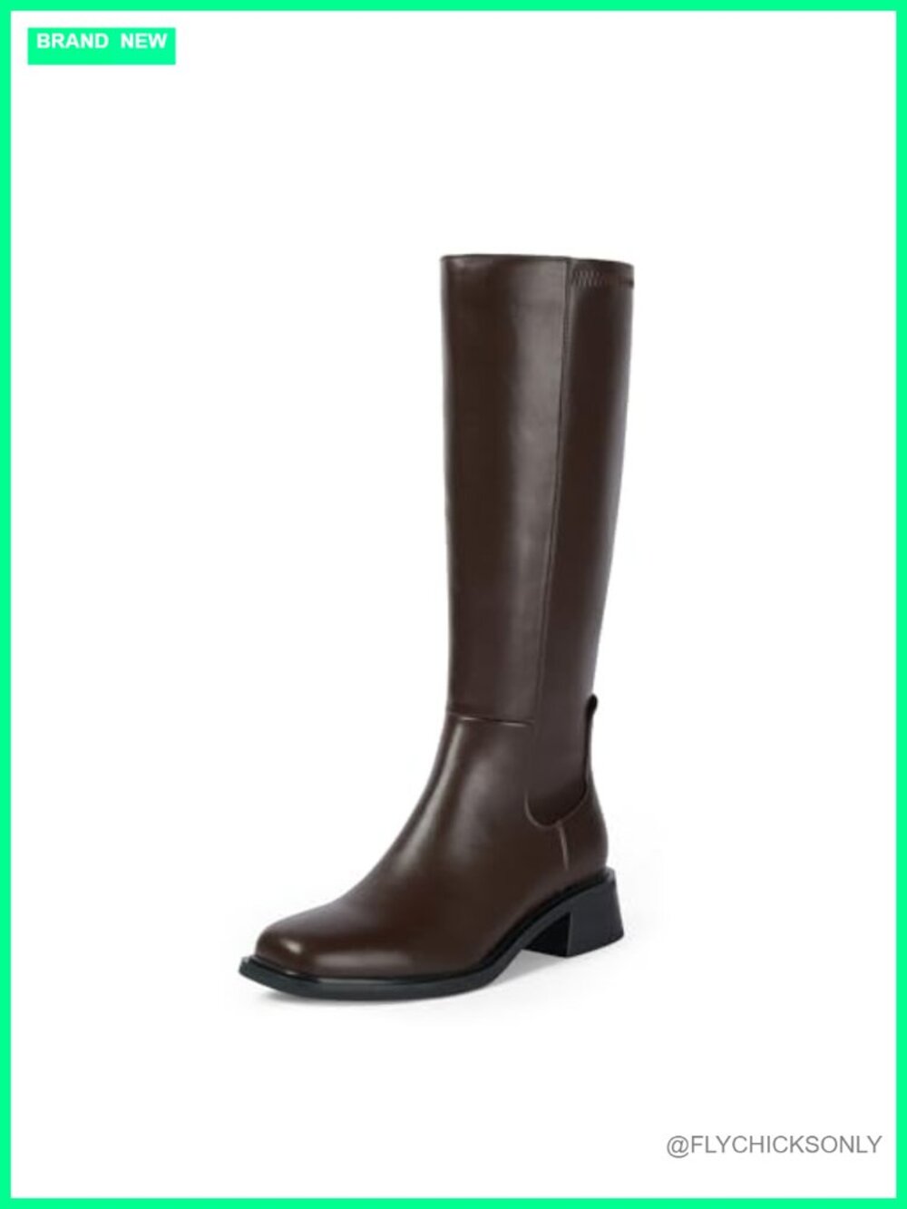 Faux Leather Knee High Boots Low Heel Block Square Toe Tall Stretch Boots